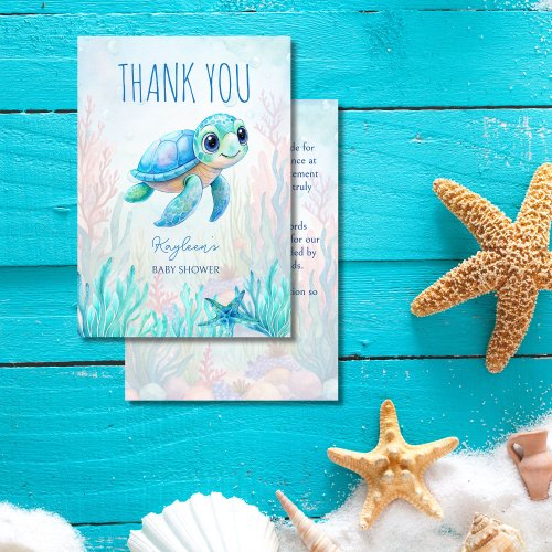 Under the sea cute turtle aqua blue baby shower thank you card