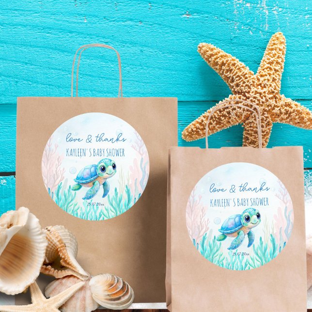 Under the sea cute turtle aqua blue favor classic round sticker (Under the sea cute sea turtle aqua blue baby shower thank you favor sticker template)