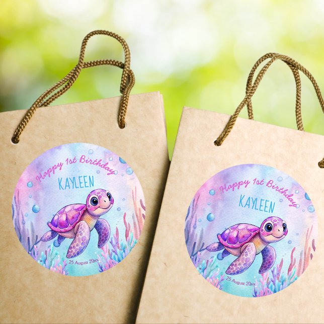 Under the sea cute turtle pink purple birthday classic round sticker (Under the sea cute turtle pink purple girls happy birthday sticker)