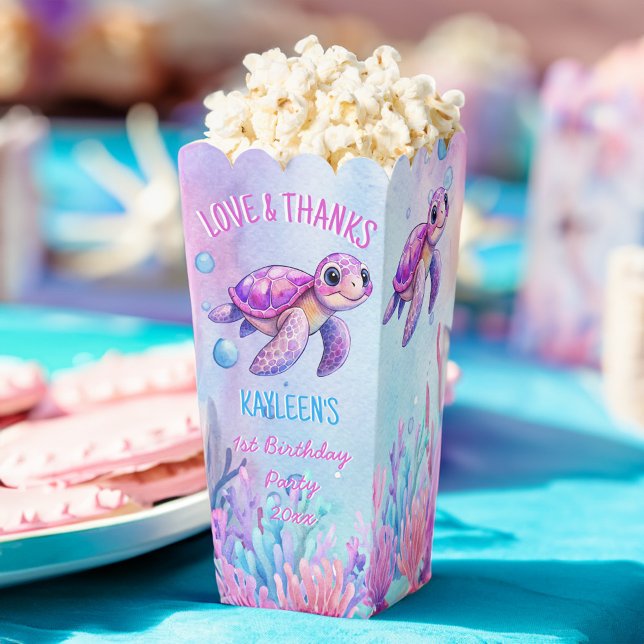 Under the sea cute turtle pink purple birthday favor boxes (Under the sea cute turtle pink purple birthday personalized popcorn favor boxes customized favor box)