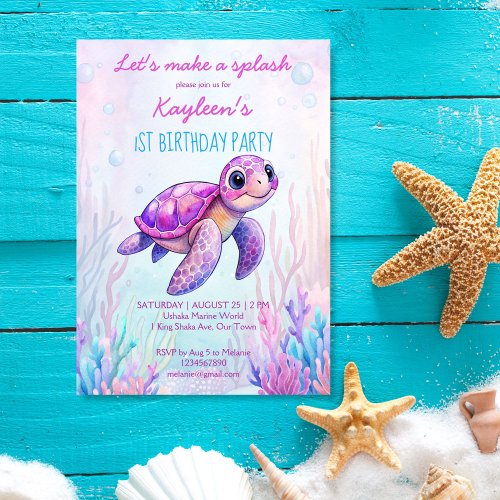 Under the sea cute turtle pink purple birthday invitation