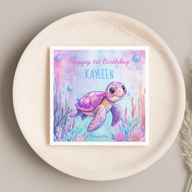 Under the sea cute turtle pink purple birthday napkins (Under the sea cute turtle pink purple girls birthday party personalized napkins table decor)