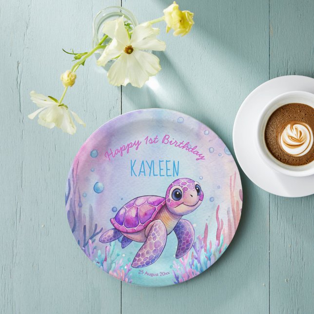 Under the sea cute turtle pink purple birthday paper plates (Under the sea cute turtle pink purple girls birthday party happy birthday paper plates table decor)