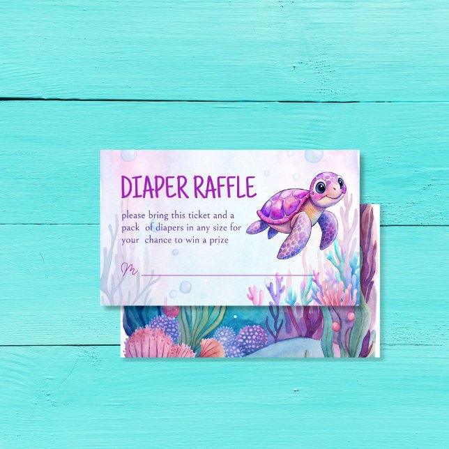 Under the sea cute turtle purple diaper raffle enclosure card (Under the sea girls baby shower cute turtle pink purple diaper raffle enclosure card)