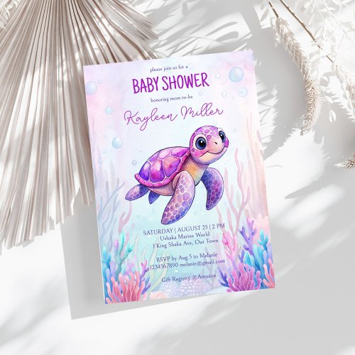 Under the sea cute turtle purple pink baby shower invitation