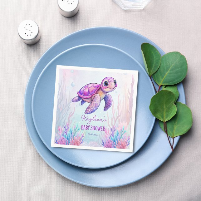 Under the sea cute turtle purple pink baby shower napkins (Under the sea cute turtle purple pink girl baby shower personalized printed napkins template)