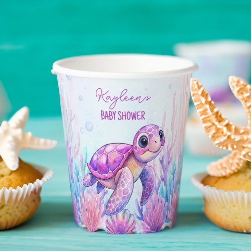 Under the sea cute turtle purple pink baby shower paper cups