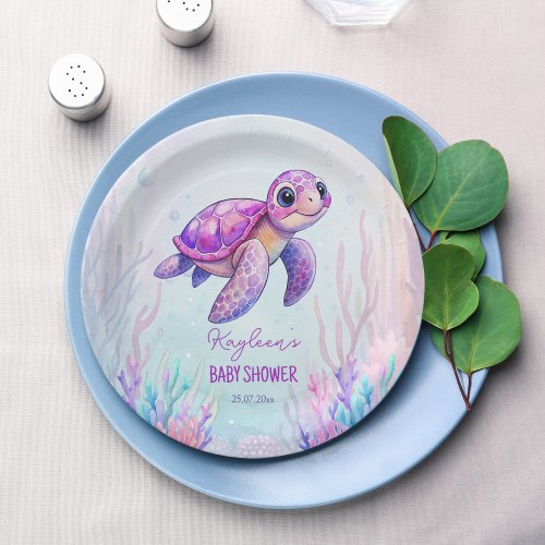 Under the sea cute turtle purple pink baby shower paper plates