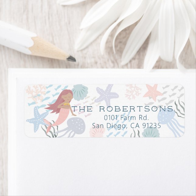 Under the Sea Dark Skin Mermaid Birthday Label (Insitu)