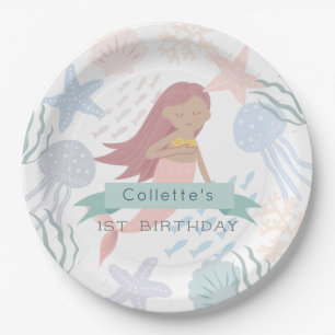 Under the Sea Dark Skin Mermaid White Birthday Paper Plates