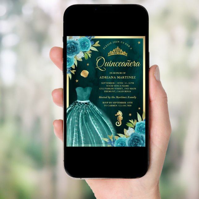 Under the Sea Dark Teal Mermaid Gold Quinceanera Invitation (Front Digital)