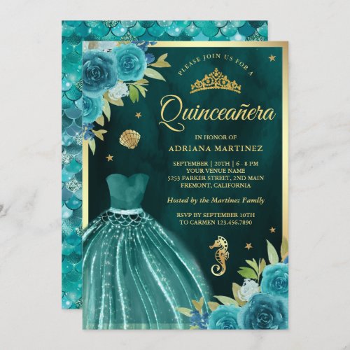 Under the Sea Dark Teal Mermaid Gold Quinceanera Invitation