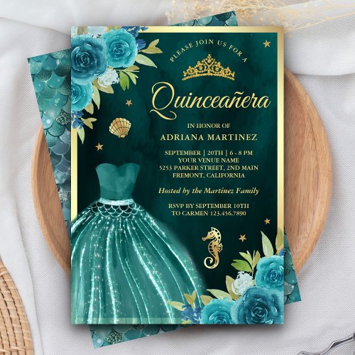 Under the Sea Dark Teal Mermaid Gold Quinceanera Invitation