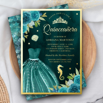 Under The Sea Dark Teal Mermaid Quinceanera Gold Foil Invitation by ShabzDesigns at Zazzle