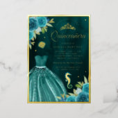 Under the Sea Dark Teal Mermaid Quinceanera Gold Foil Invitation (Standing Front)