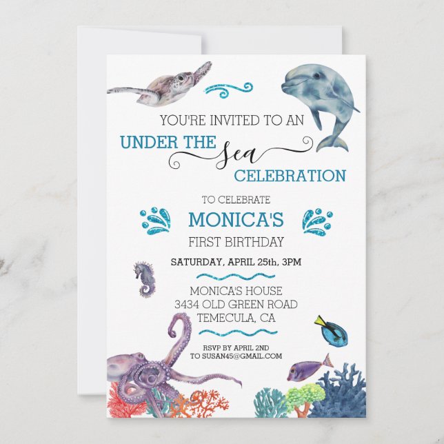 Under the Sea Dolphin Birthday Ocean Turtle  Invitation (Front)
