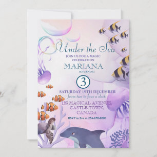 Under the Sea Dolphin Purple Fish 3rd Birthday Invitation