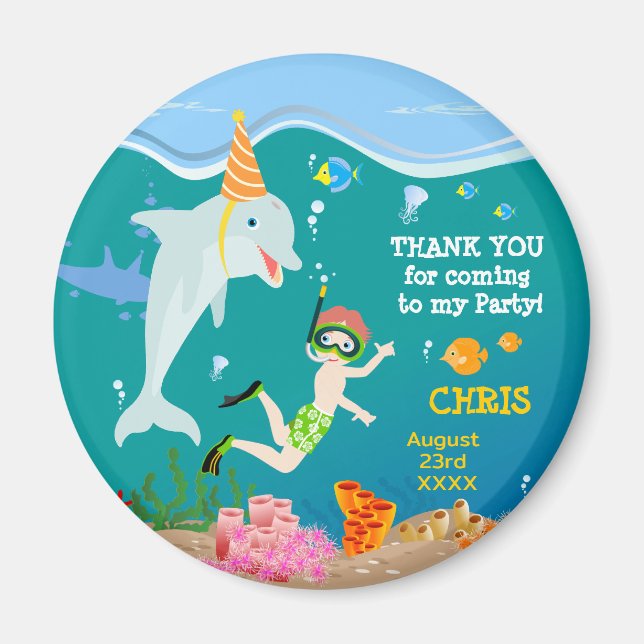 Under the sea dolphins and boy birthday party magnet (Front)