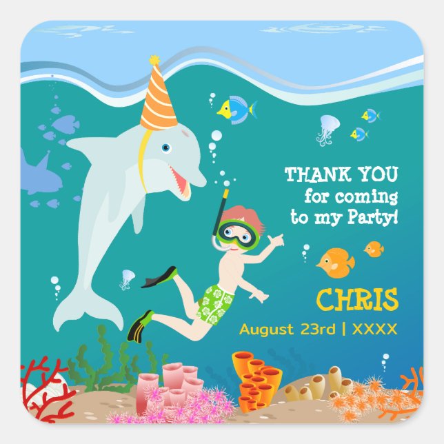 Under the sea dolphins and boy birthday party square sticker (Front)