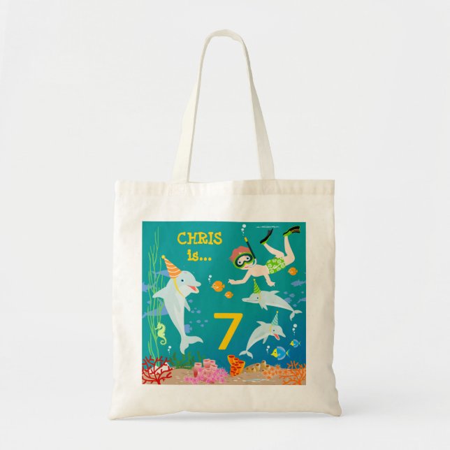 Under the sea dolphins and boy birthday party tote bag (Front)