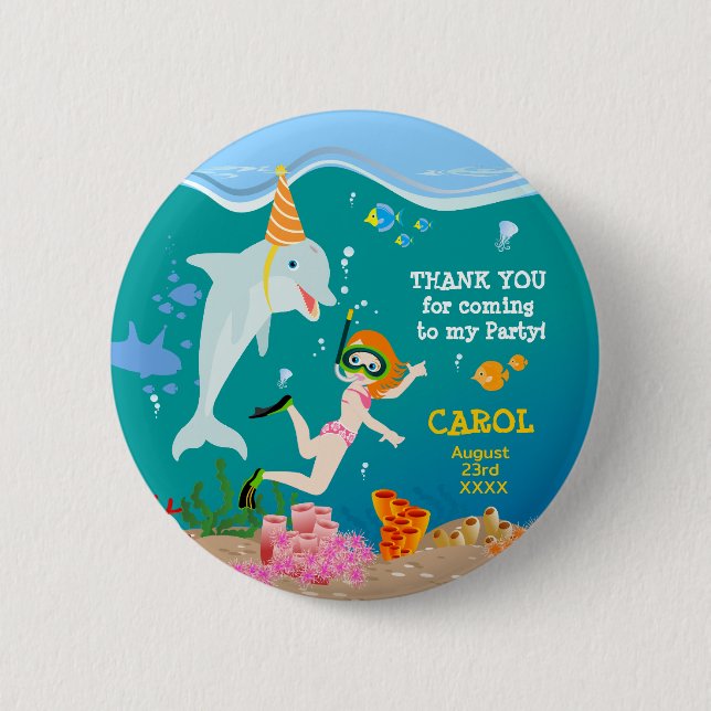 Under the sea dolphins and girl Birthday Party Button (Front)