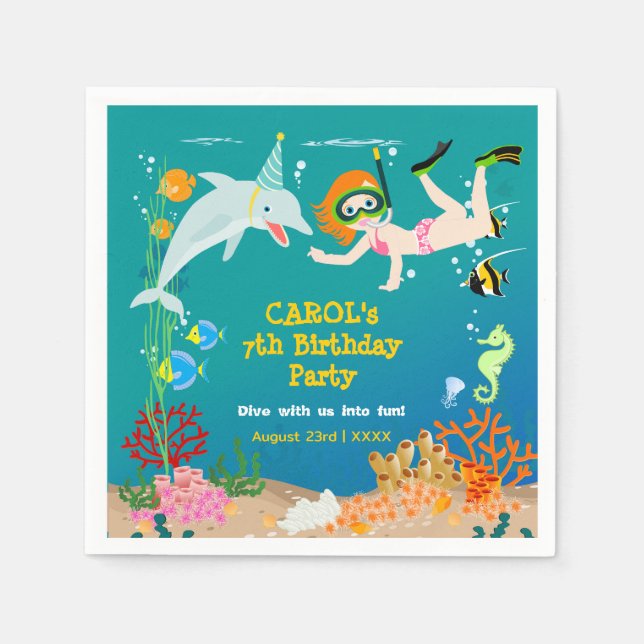 Under the sea dolphins and girl Birthday Party Napkins (Front)