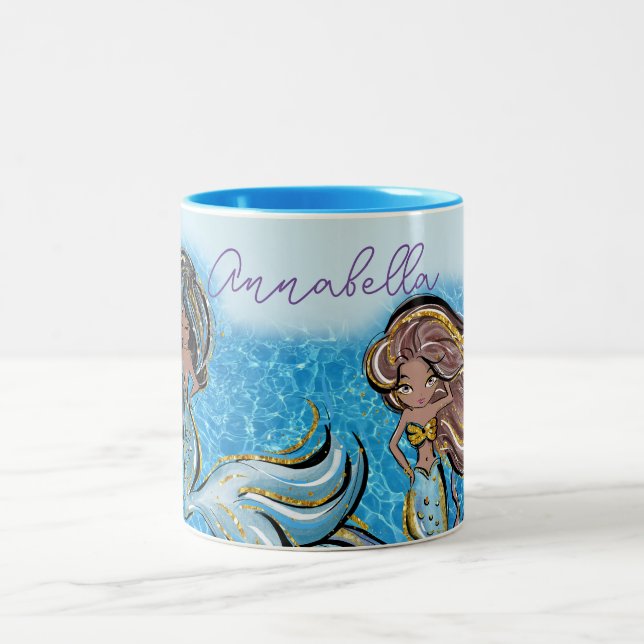 Under the Sea Enchanted Dark Skin Mermaids Two-Tone Coffee Mug (Center)