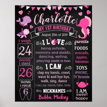 Under The Sea First Birthday Chalkboard Girl Poster by 10x10us at Zazzle