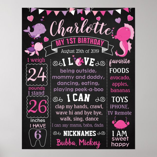 Under the sea First Birthday chalkboard girl Poster (Front)