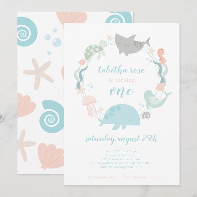 Under The Sea First Birthday Invitation (Front/Back)