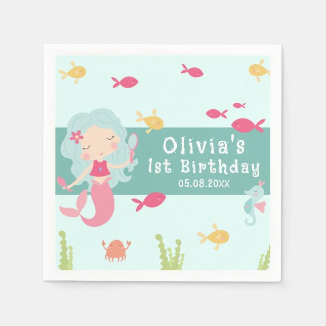 Under The Sea First Birthday Mermaid Napkins (Front)