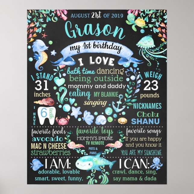 Under the sea First birthday party sign (Front)
