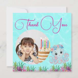 Under The Sea Floral Octopus Photo Girly Birthday  Thank You Card