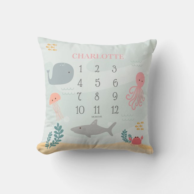 Under The Sea Friends Girl Milestone Throw Pillow (Front)