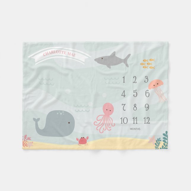 Under The Sea Friends Girls Milestone Fleece Blanket (Front (Horizontal))