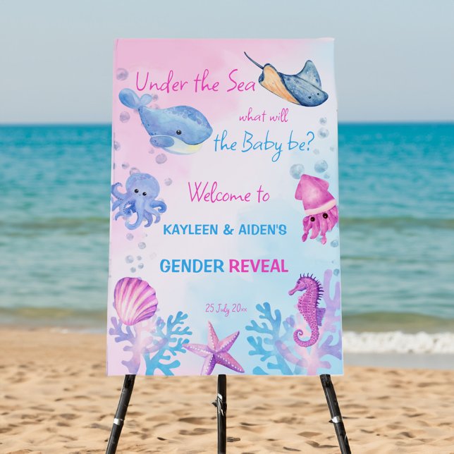 Under the sea gender reveal welcome sign (Under the sea gender reveal party welcome sign board cute pink and blue sea creatures boy or girl)