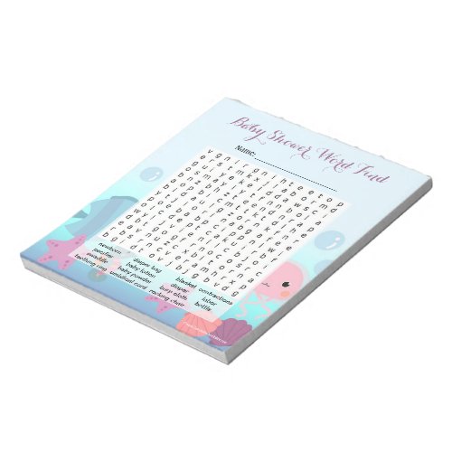 Under the Sea Girl Baby Shower Word Find Game Notepad