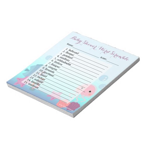 Under the Sea Girl Baby Shower Word Scramble Game Notepad