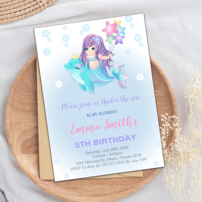 Under the Sea Girl Party Invitation (Mermaid Birthday Invitations with dolphin)