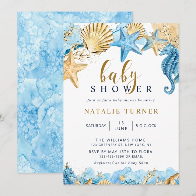Under the Sea | Gold and Blue Baby Shower  Invitation (Front/Back)