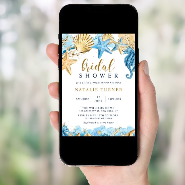 Under the Sea | Gold and Blue Bridal Shower  Invitation (Front Digital)