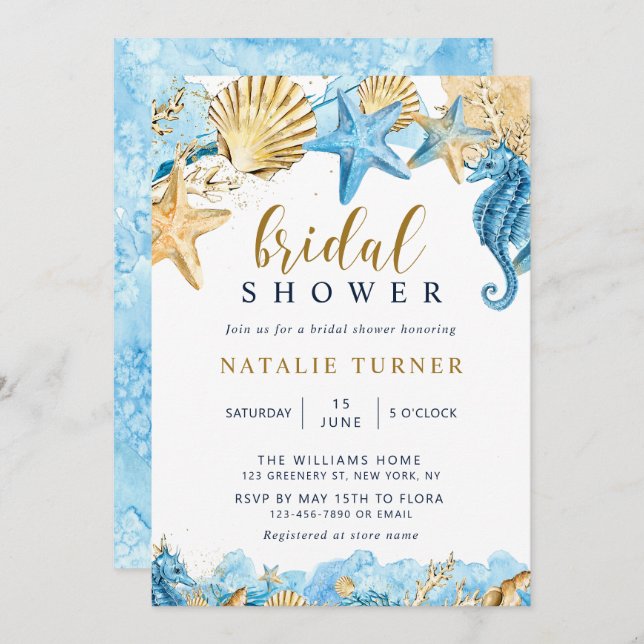 Under the Sea | Gold and Blue Bridal Shower  Invitation (Front/Back)