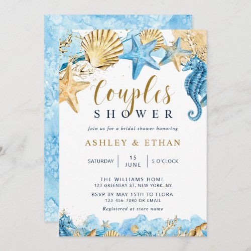 Under the Sea  Gold and Blue Couples Shower Invitation