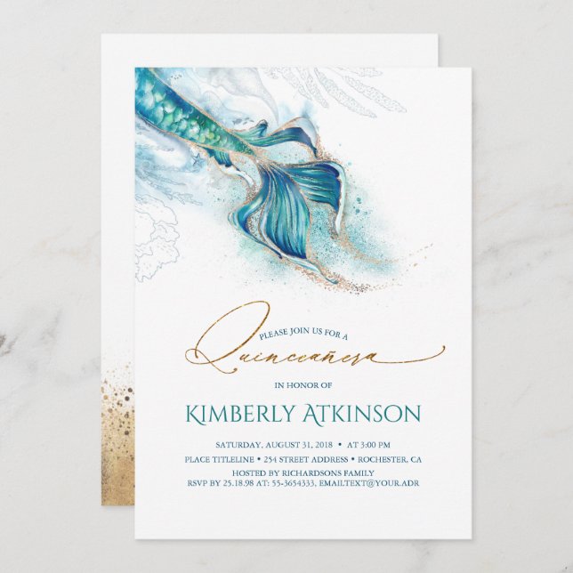 Under the Sea Gold Mermaid Tail Quinceanera Invitation (Front/Back)
