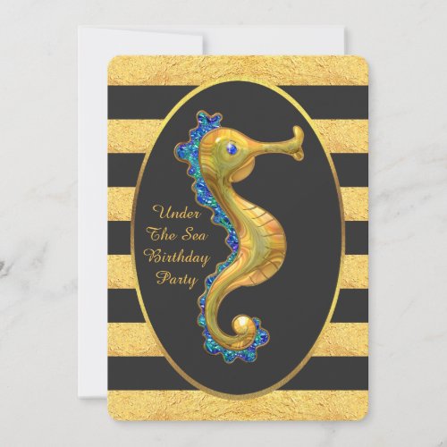 Under The Sea Gold Seahorse Stripes Birthday Party Invitation