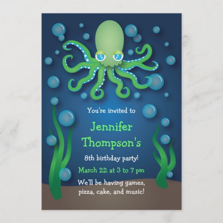 Under The Sea Green Octopus Birthday Invitations