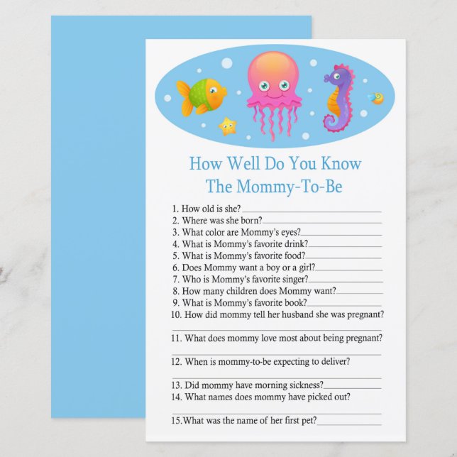 Under the sea How well do you know baby shower gam (Front/Back)