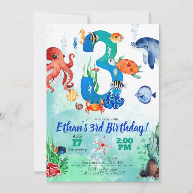 Under The Sea Invitation for 3rd Birthday (Front)