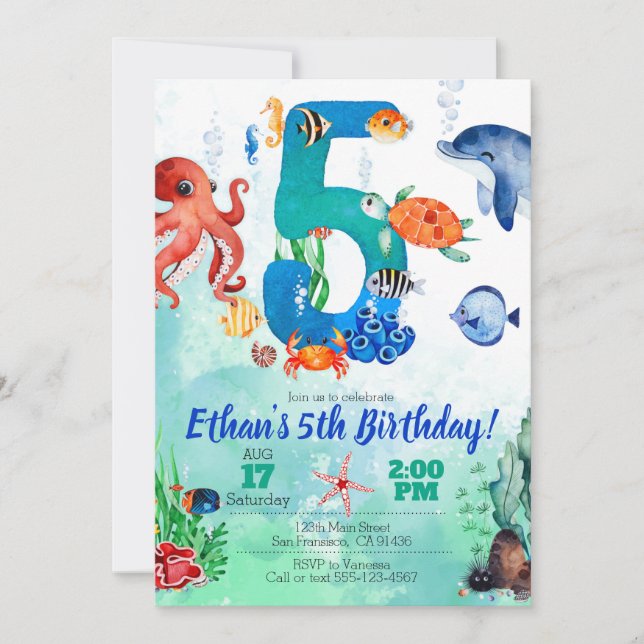 Under The Sea Invitation for 5th Birthday (Front)