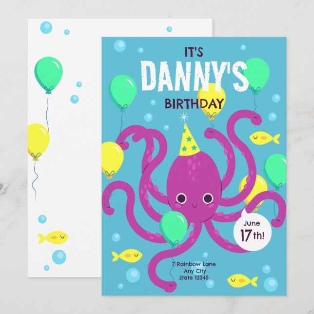 Under the sea Invitation, Octopus Birthday Invitation (Front/Back)